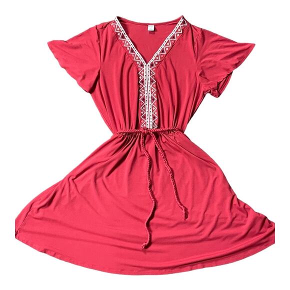 Red Short Sleeve Dress with Embroidered V-Neckline by Old Navy Size Medium - Picture 2 of 9